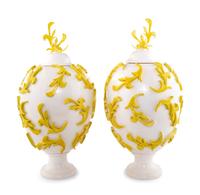 A Pair of White and Yellow Glazed Ceramic Urns by Jean-Jacques Roger