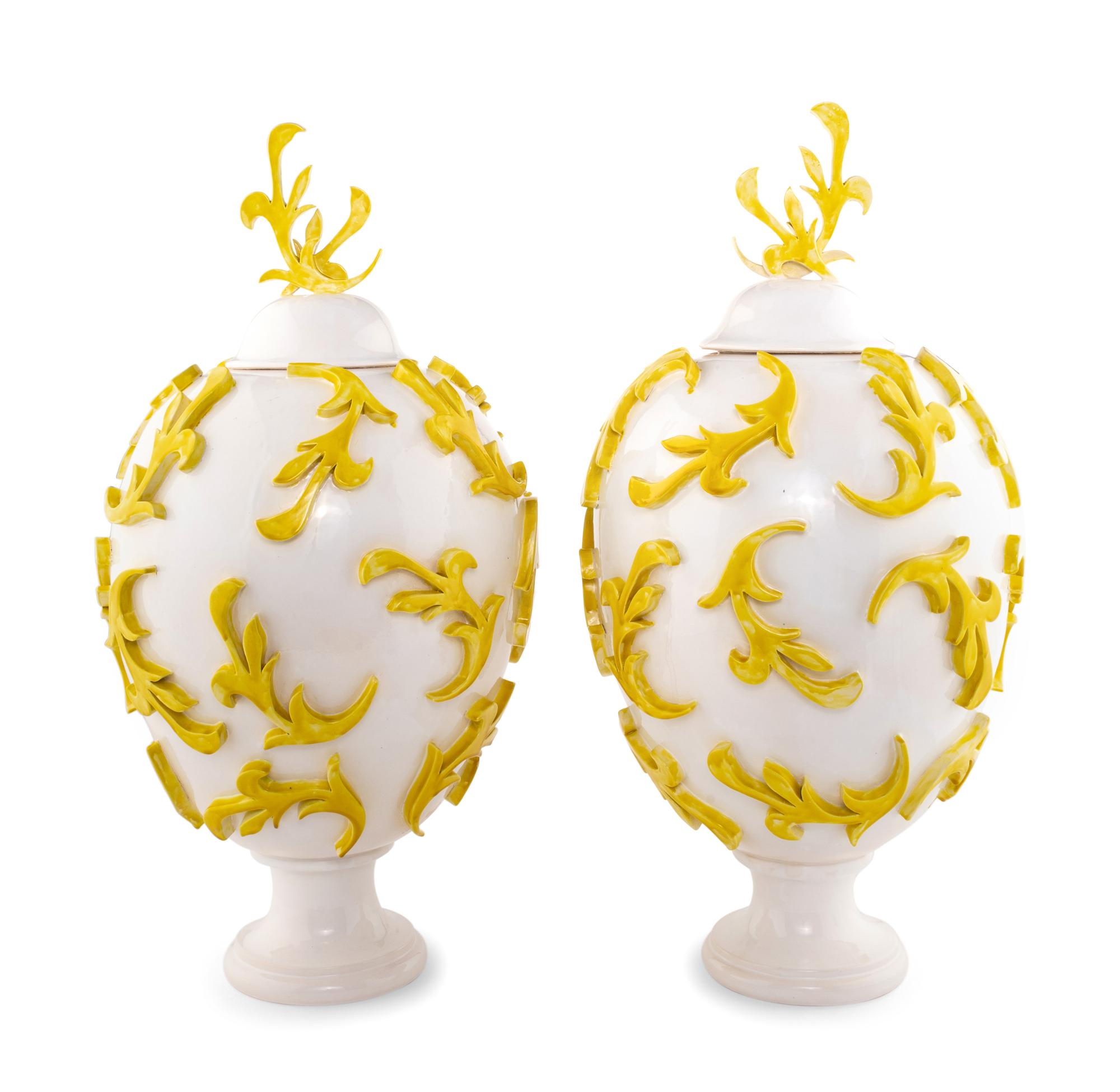 A Pair of White and Yellow Glazed Ceramic Urns by Jean-Jacques Roger
