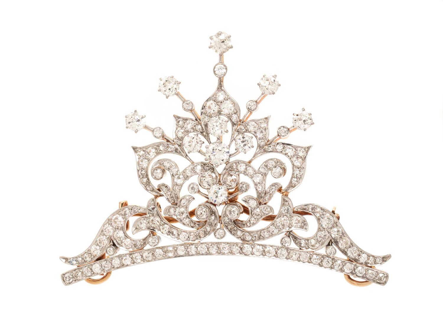ANTIQUE, PLATINUM-TOPPED GOLD AND DIAMOND TIARA BROOCH