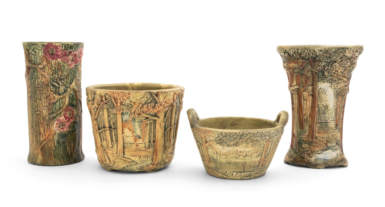Four Weller Pottery Vases Height of tallest 8 1/4 inches.