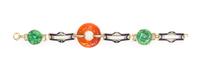 A Yellow Gold, Jade, Carnelian and Polychrome Enamel Bracelet, 12.20 dwts.