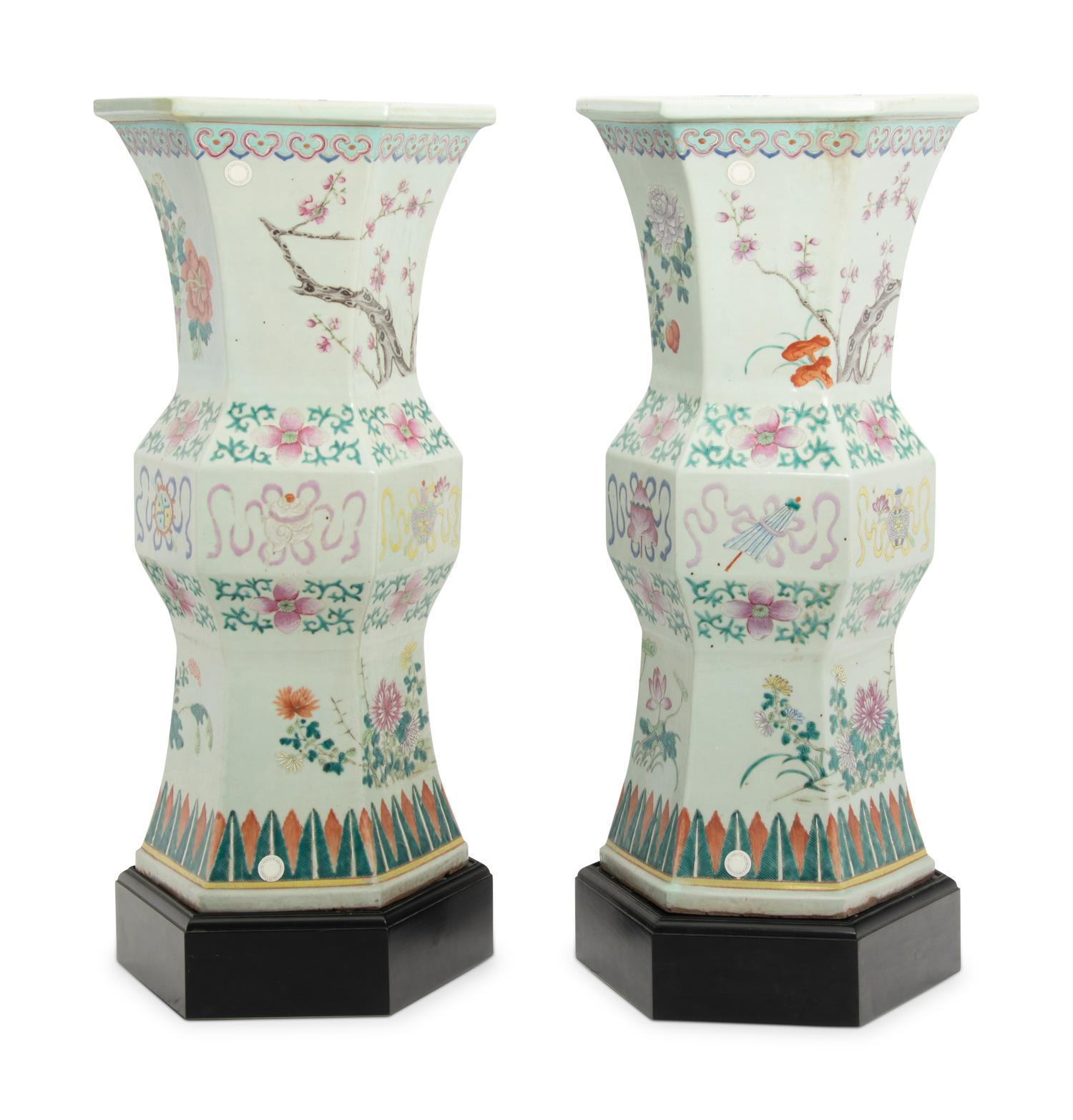 A Pair of Large Chinese Famille Rose Porcelain Hexagonal Gu -Form Stands