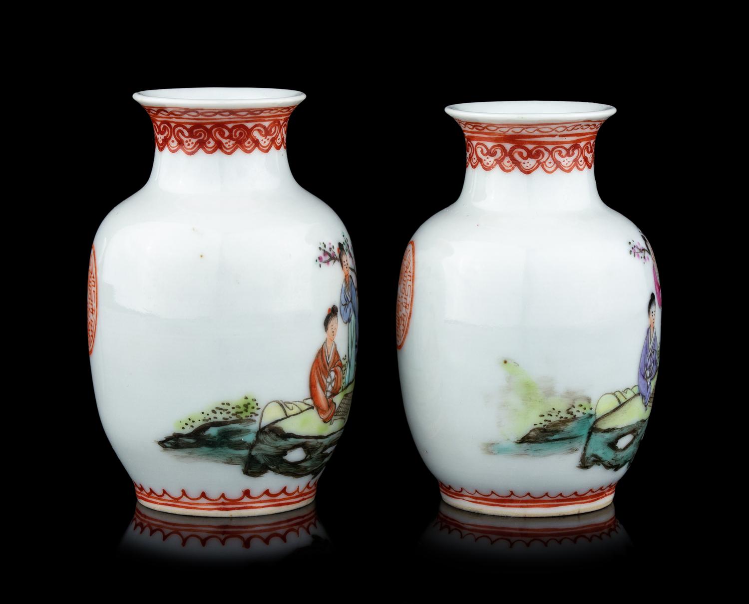 A Pair of Chinese Famille Rose Porcelain Baluster Vases
