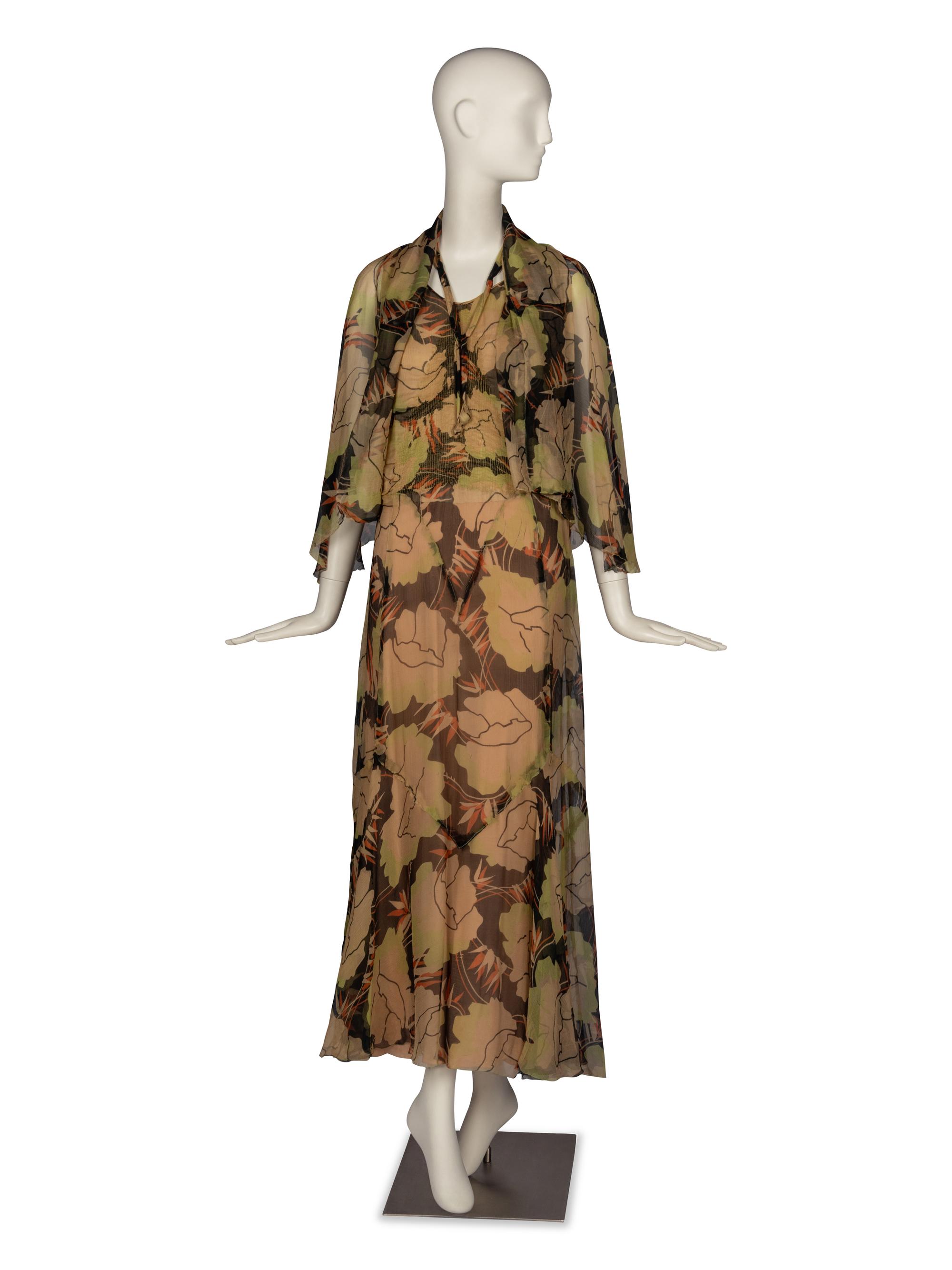 Molyneux Print Chiffon Gown and Cape, 1930s