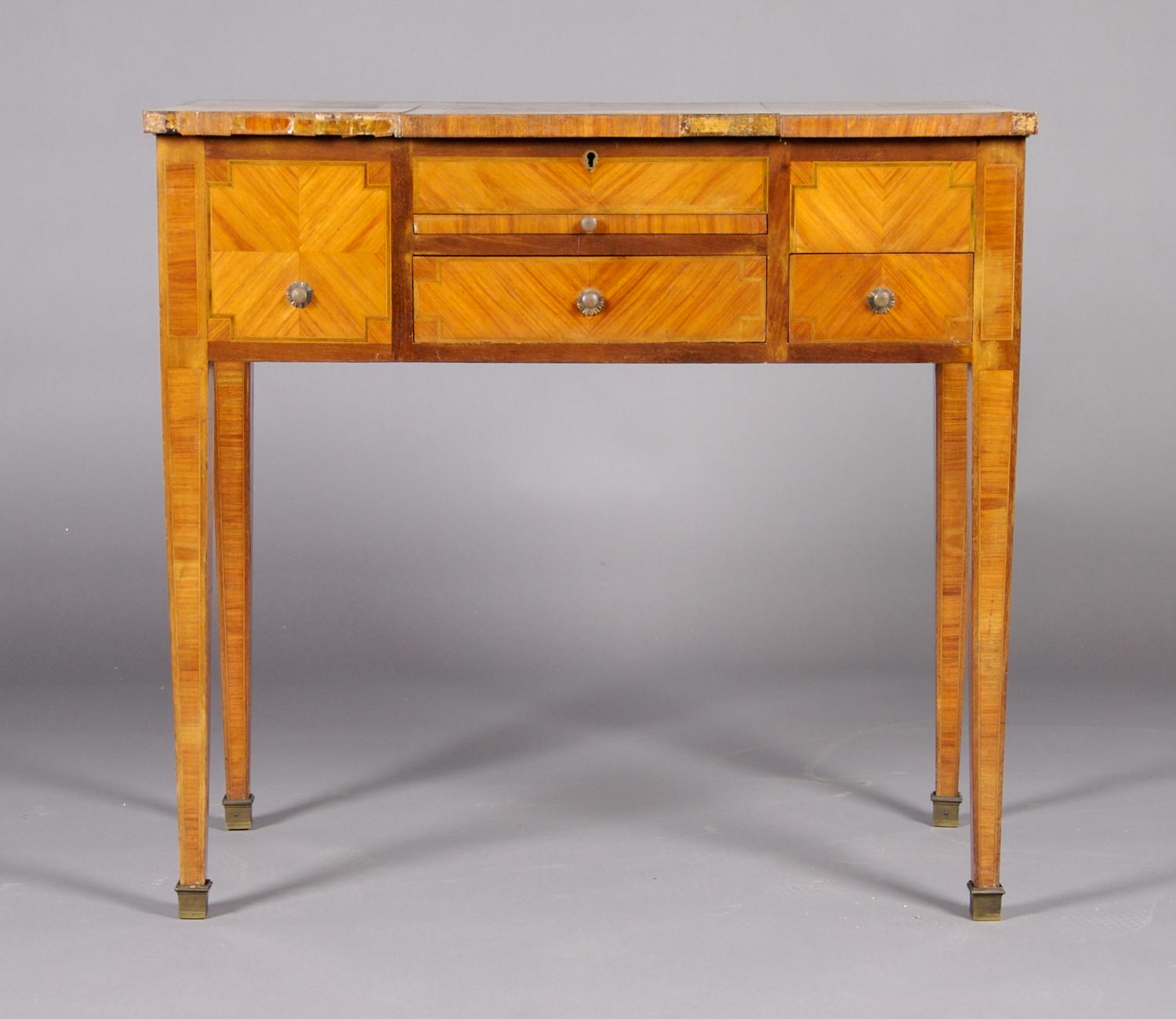 A Louis XVI Style Parquetry Poudreuse, Height 29 x width 31 1/2 x depth 17 5/8 inches.