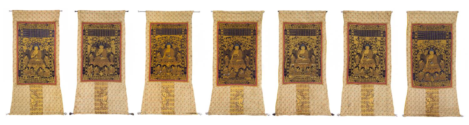 A Set of Seven Chinese Imperial Brocade Thangka QING DYNASTY Approximately 61 1/2 x 36 1/2 inches. — QING DYNASTY