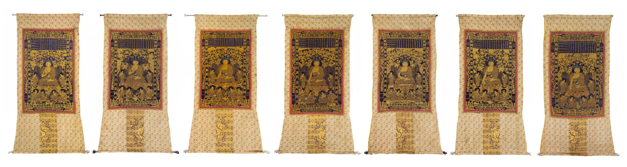 A Set of Seven Chinese Imperial Brocade Thangka QING DYNASTY Approximately 61 1/2 x 36 1/2 inches. — QING DYNASTY
