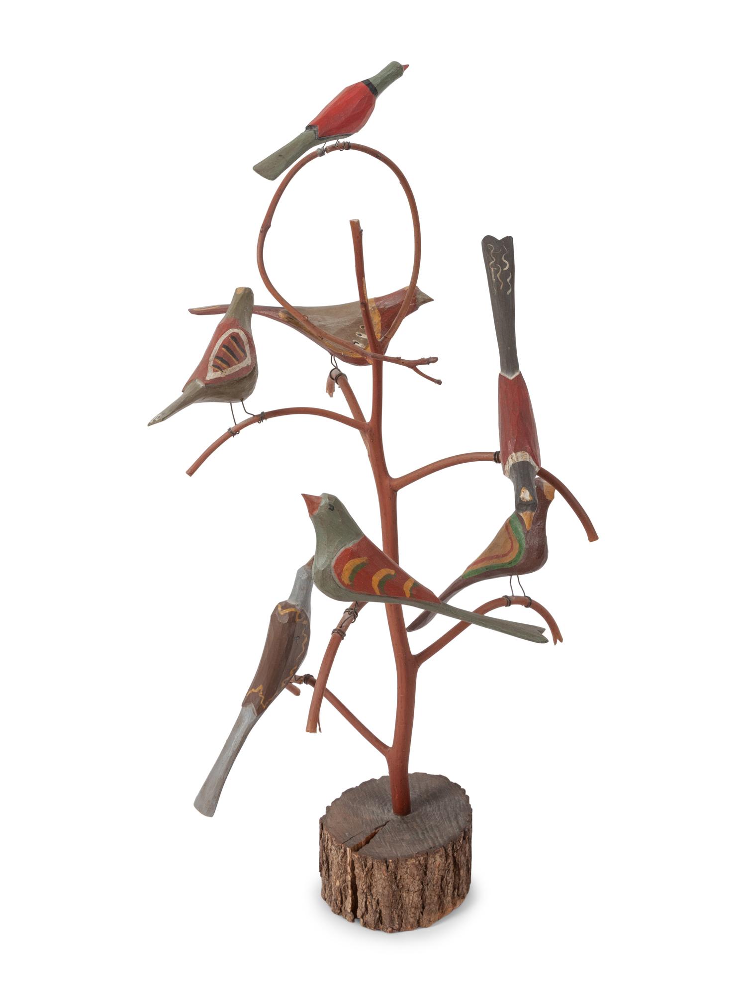 A Folk Art Carved Bird Tree by Dan Strawser