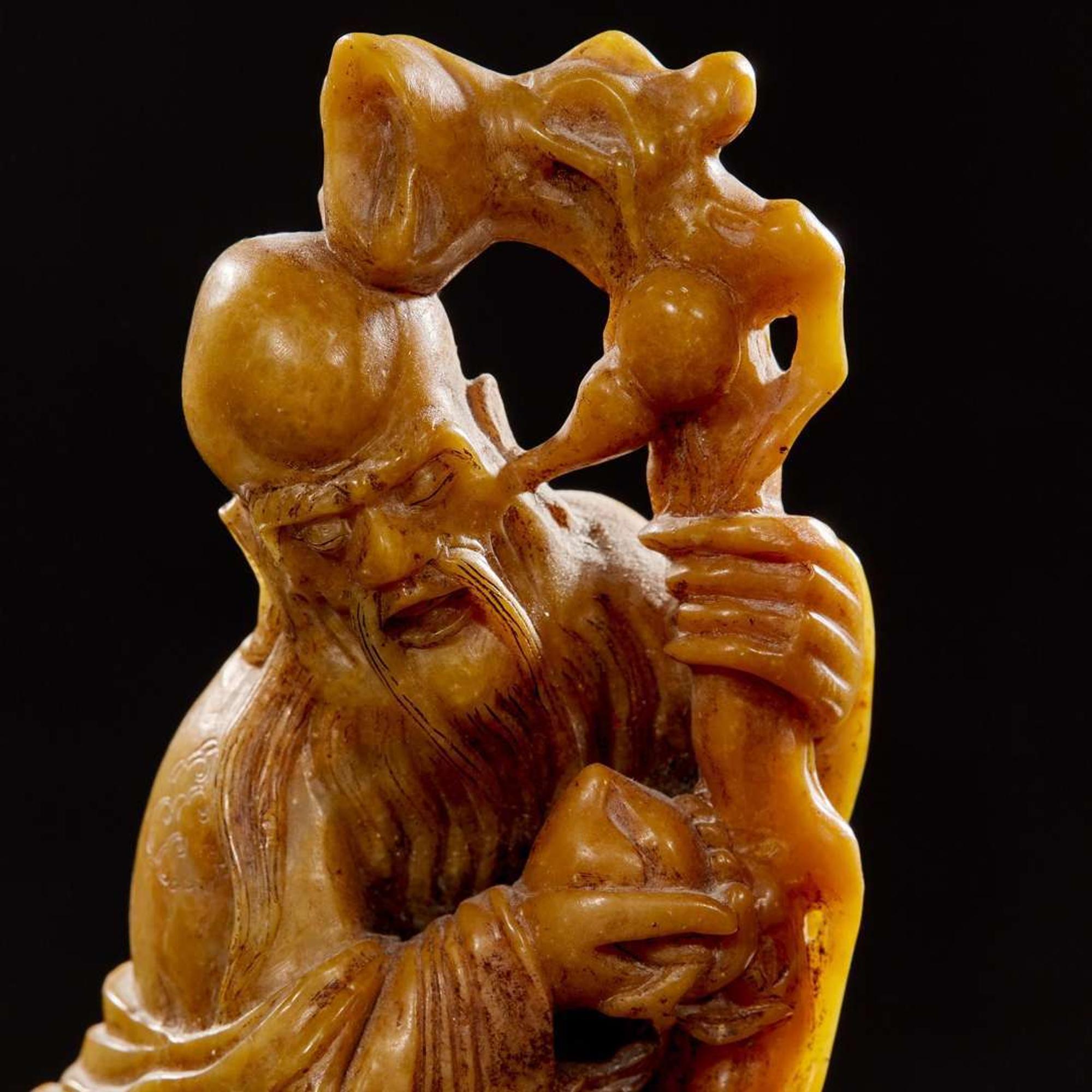 Two carved Chinese soapstone figures: Shoulao and attendant, and Liuhai and attendant 壽山石雕劉海壽老兩件 Late Qing to Republic period ?????