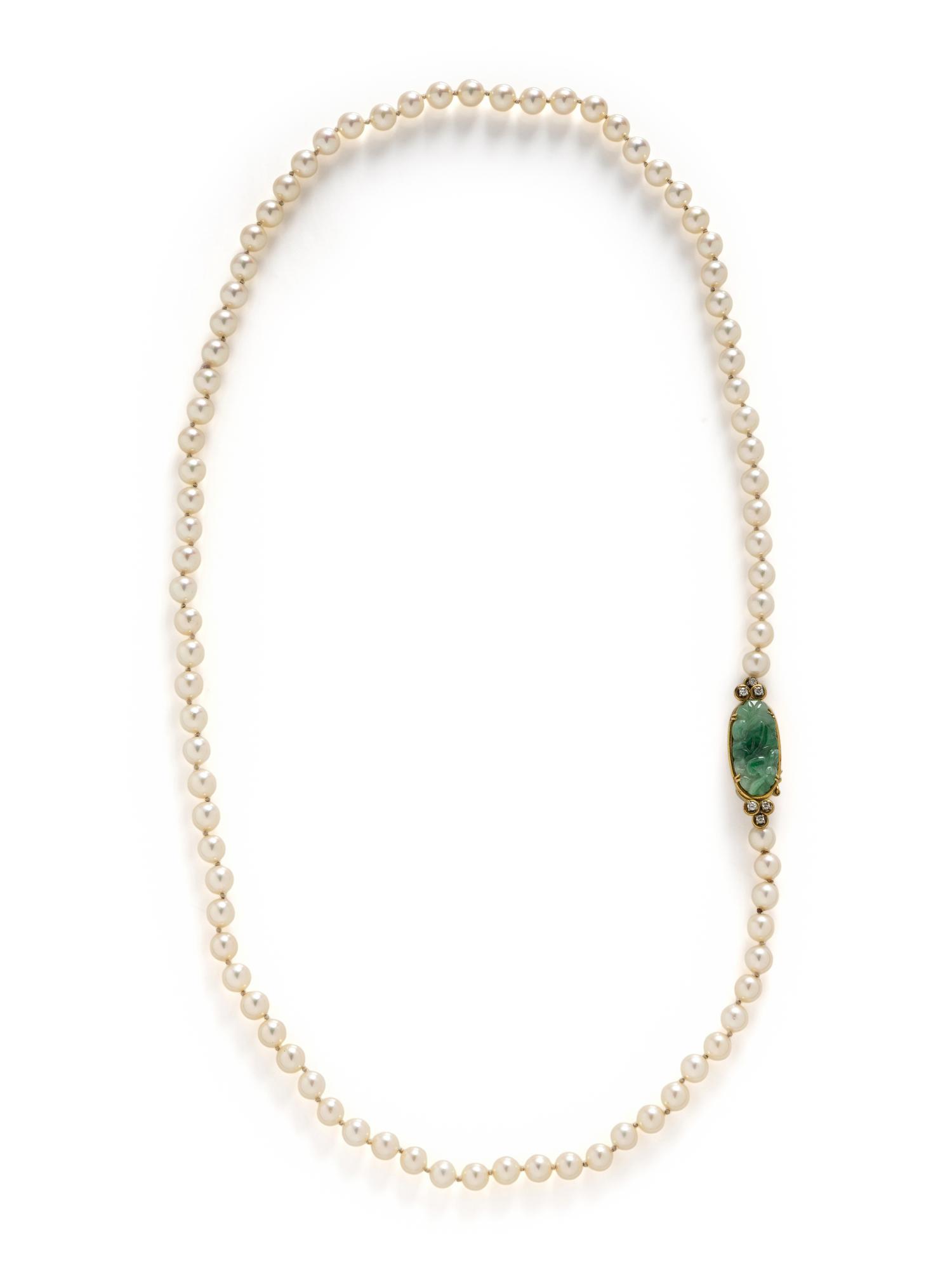 CULTURED PEARL, JADE, AND DIAMOND NECKLACE