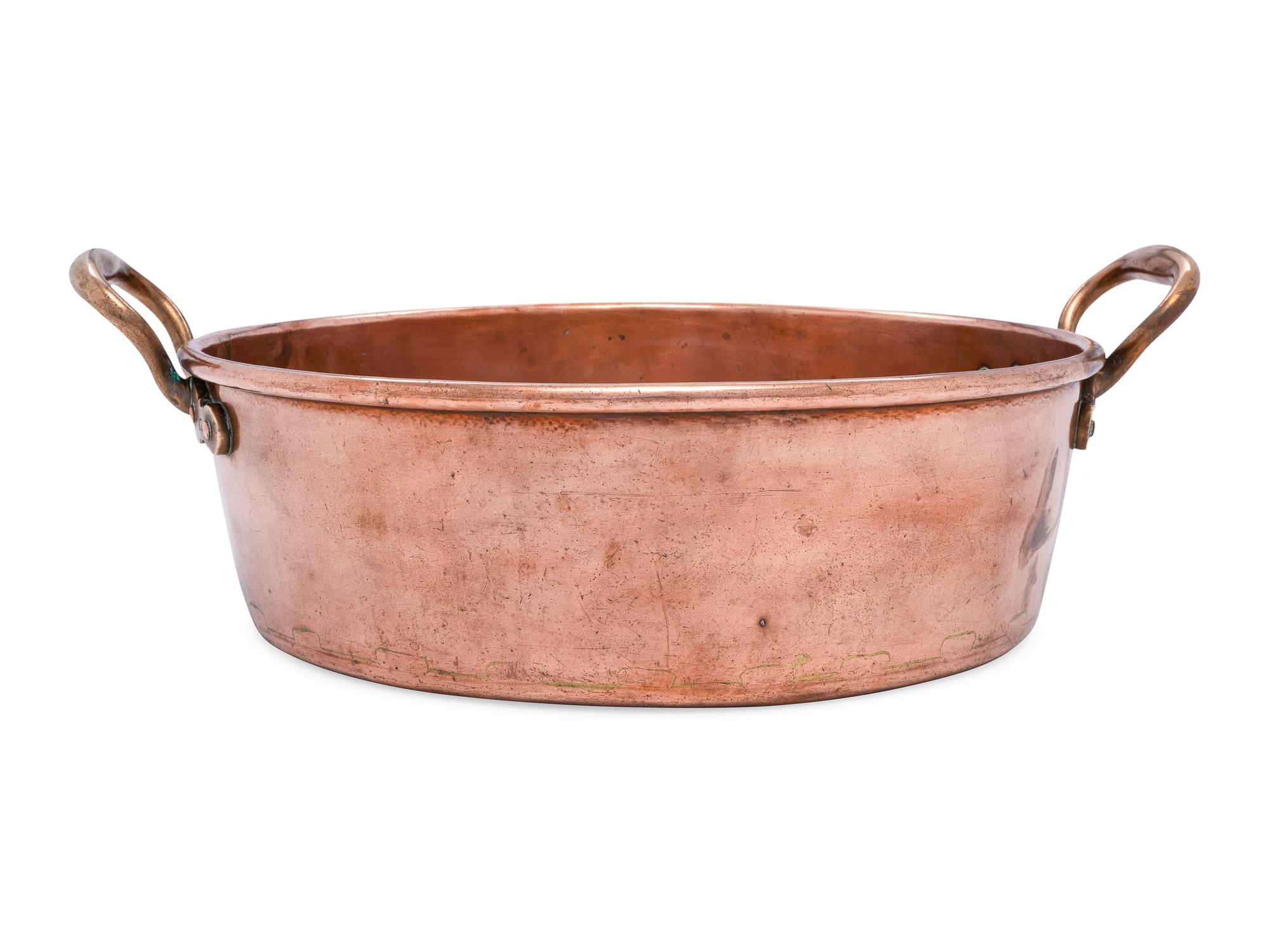 An English Copper Preserving Pan with Brass Handles