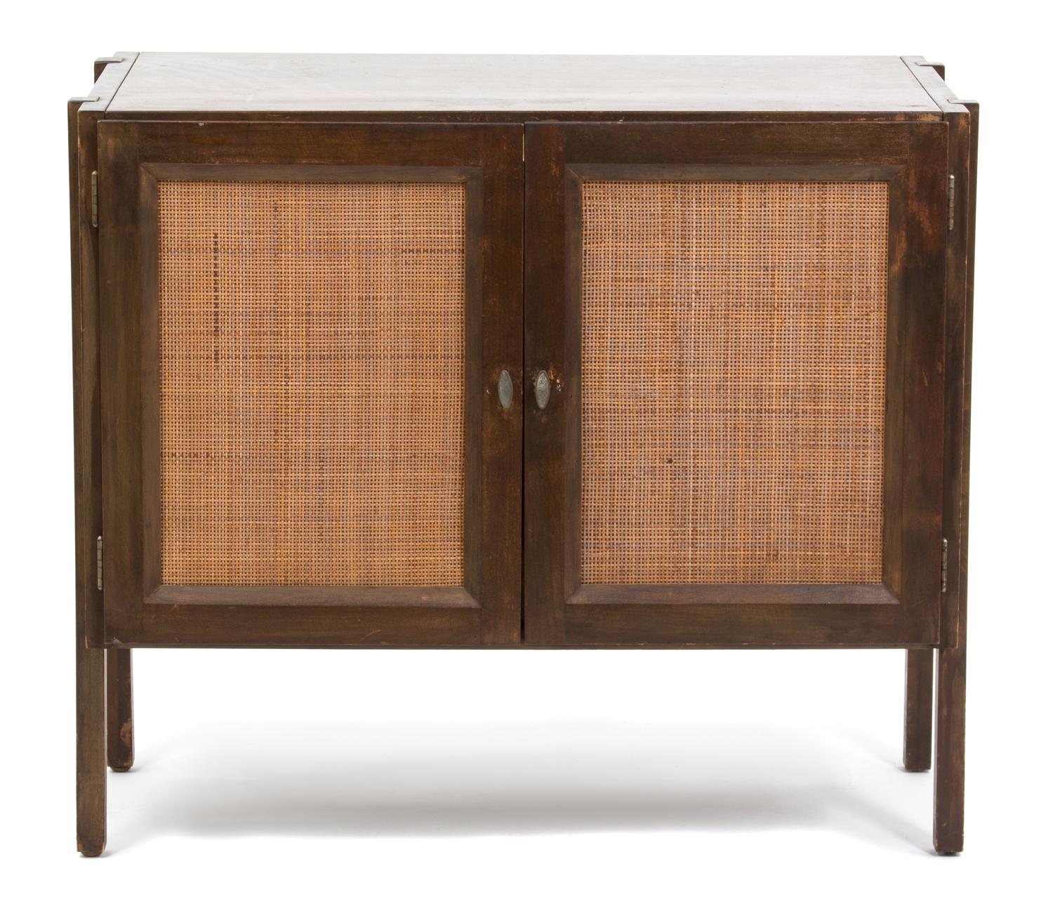 A Modern Wood and Rattan Bar Chest Height 29 x width 33 3/4 x depth 18 3/4 inches. — 20TH CENTURY