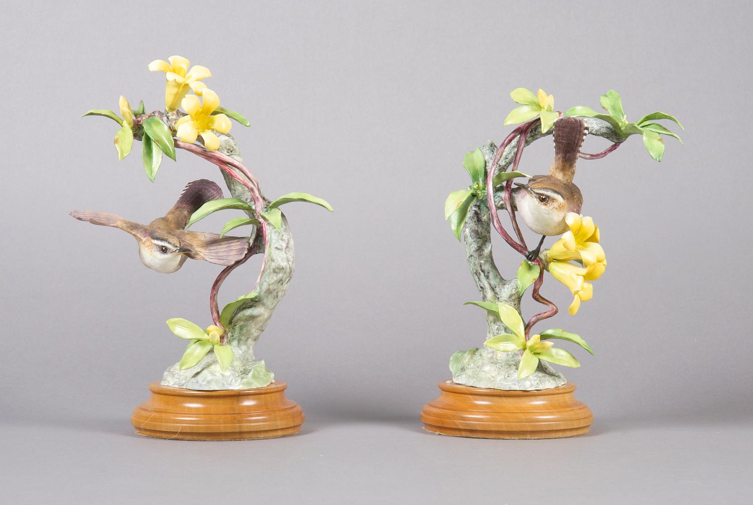 A Pair of Royal Worcester Dorothy Doughty Birds, Bewick's Wren, Height 9 3/4 inches.