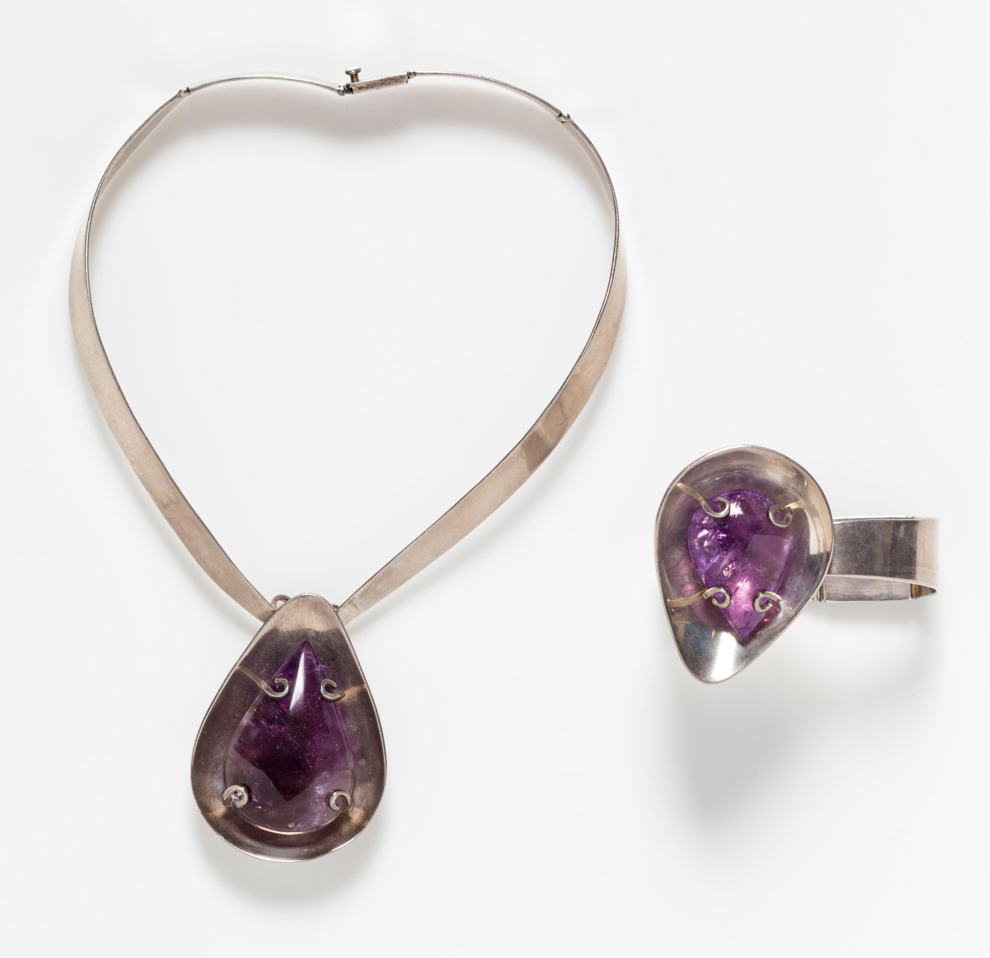 A Sterling Silver and Amethyst Demi Parure, Taxco, 109.60 dwts.