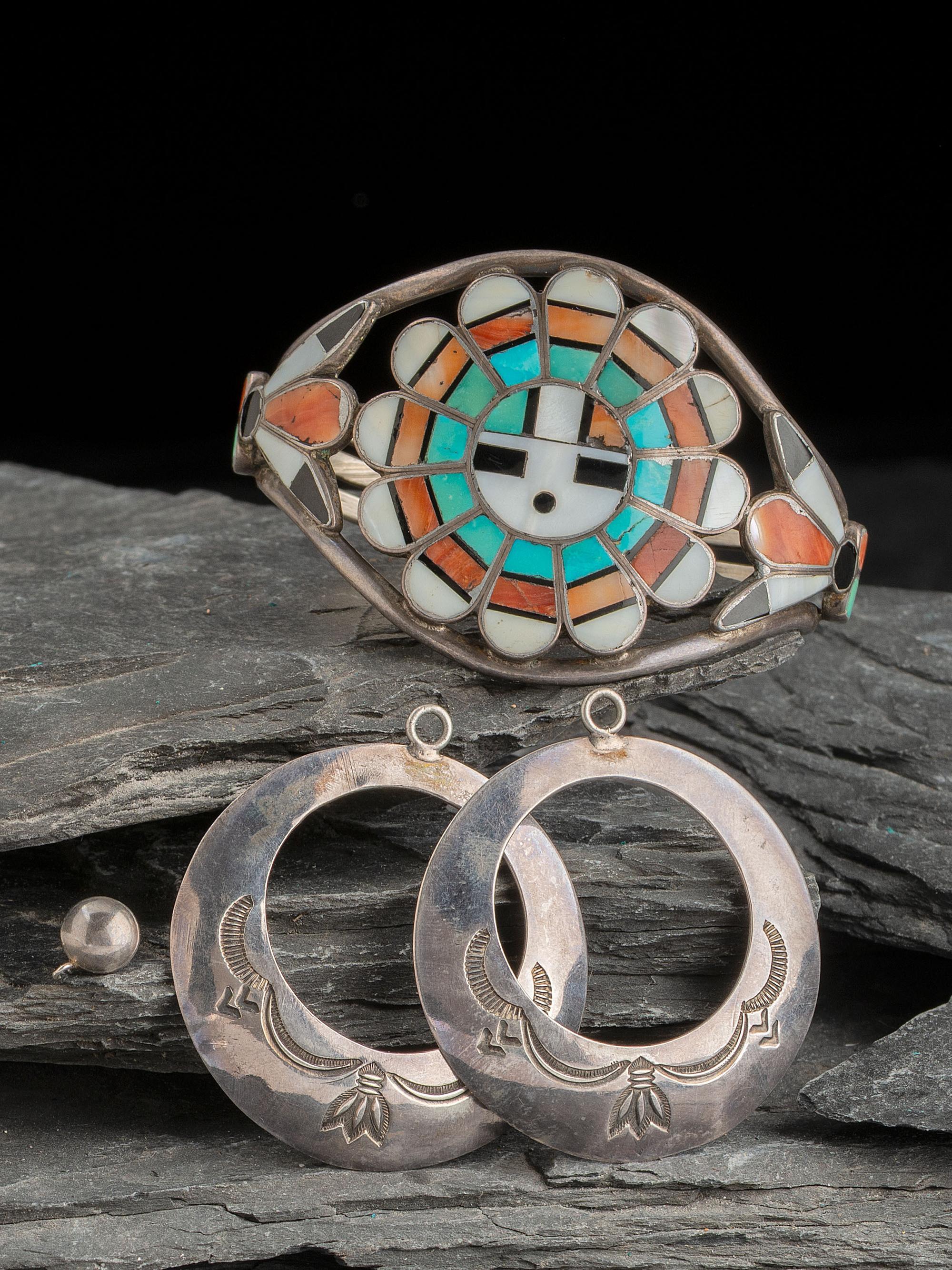 Zuni Sunface Cuff Bracelet AND Navajo Silver Earrings