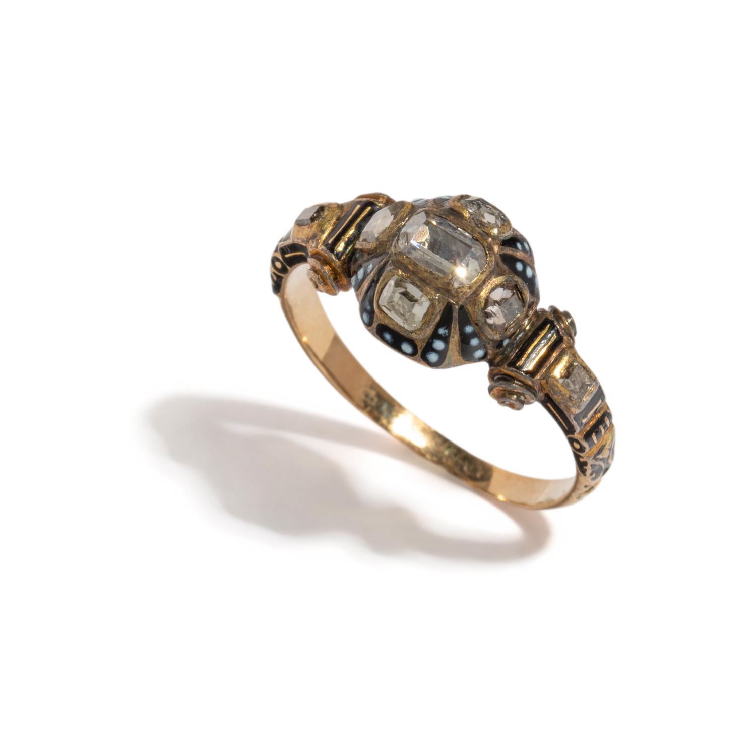 RENAISSANCE REVIVAL, YELLOW GOLD, DIAMOND, AND ENAMEL RING
