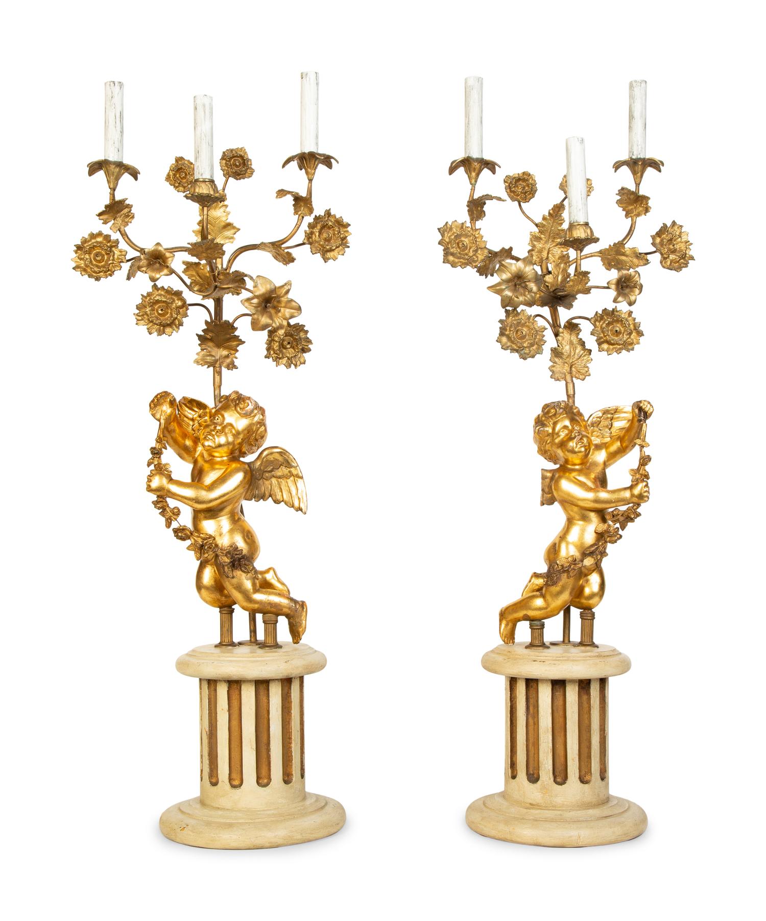 A Pair of Louis XVI Style Six-Light Giltwood Figural Candelabra