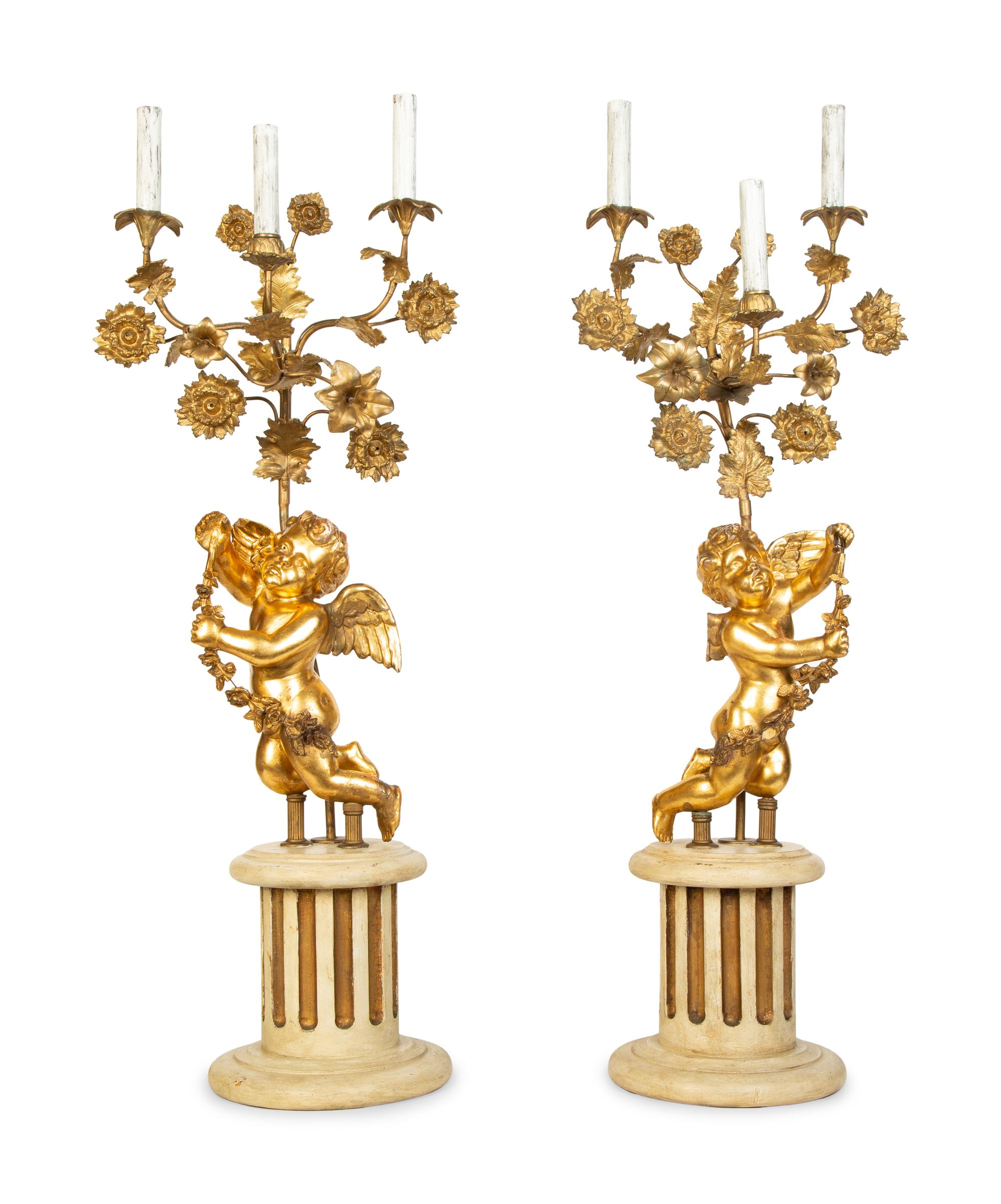 A Pair of Louis XVI Style Six-Light Giltwood Figural Candelabra