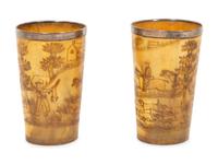 A Pair of Silver Mounted Horn Cups with Engraved Hunt Scenes