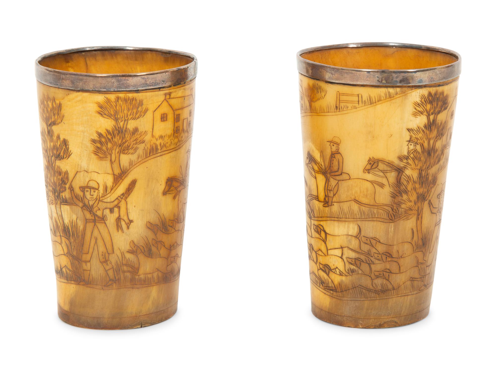 A Pair of Silver Mounted Horn Cups with Engraved Hunt Scenes