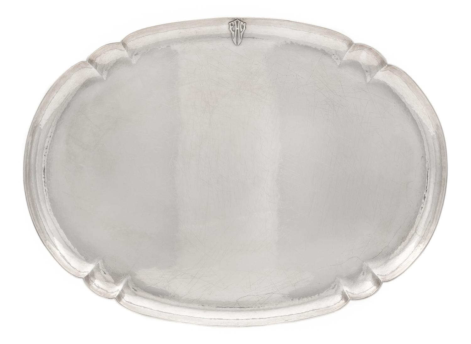 An American Arts and Crafts Silver Platter, Art Silver Shop, Chicago, having a spot-hammered finish, with an applied EMH monogram.