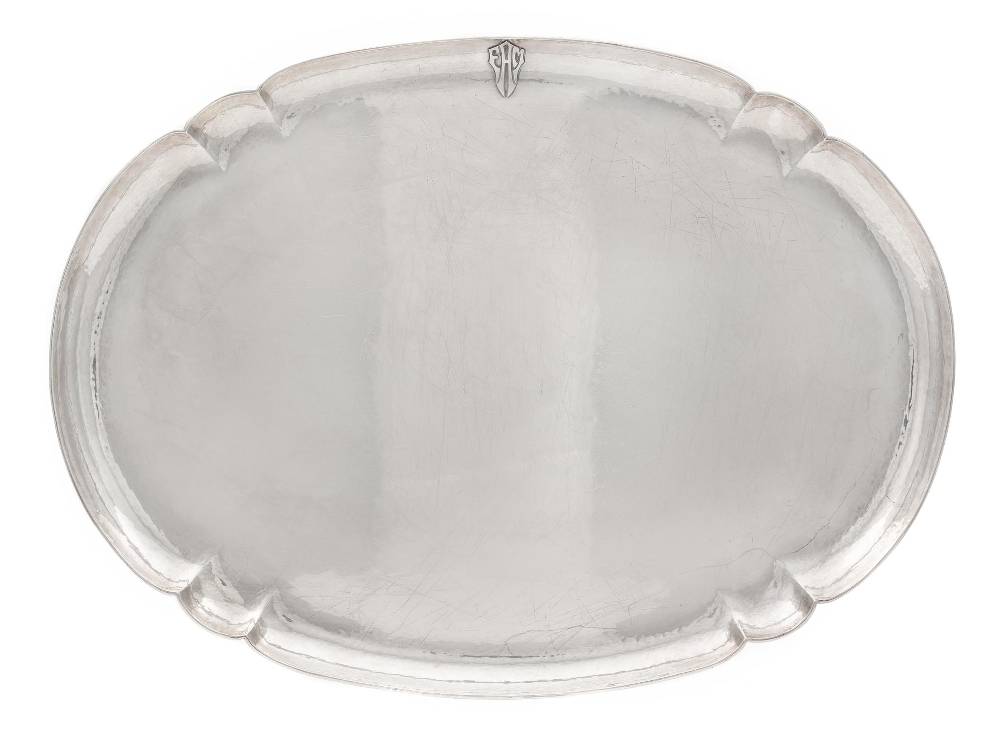An American Arts and Crafts Silver Platter, Art Silver Shop, Chicago, having a spot-hammered finish, with an applied EMH monogram.