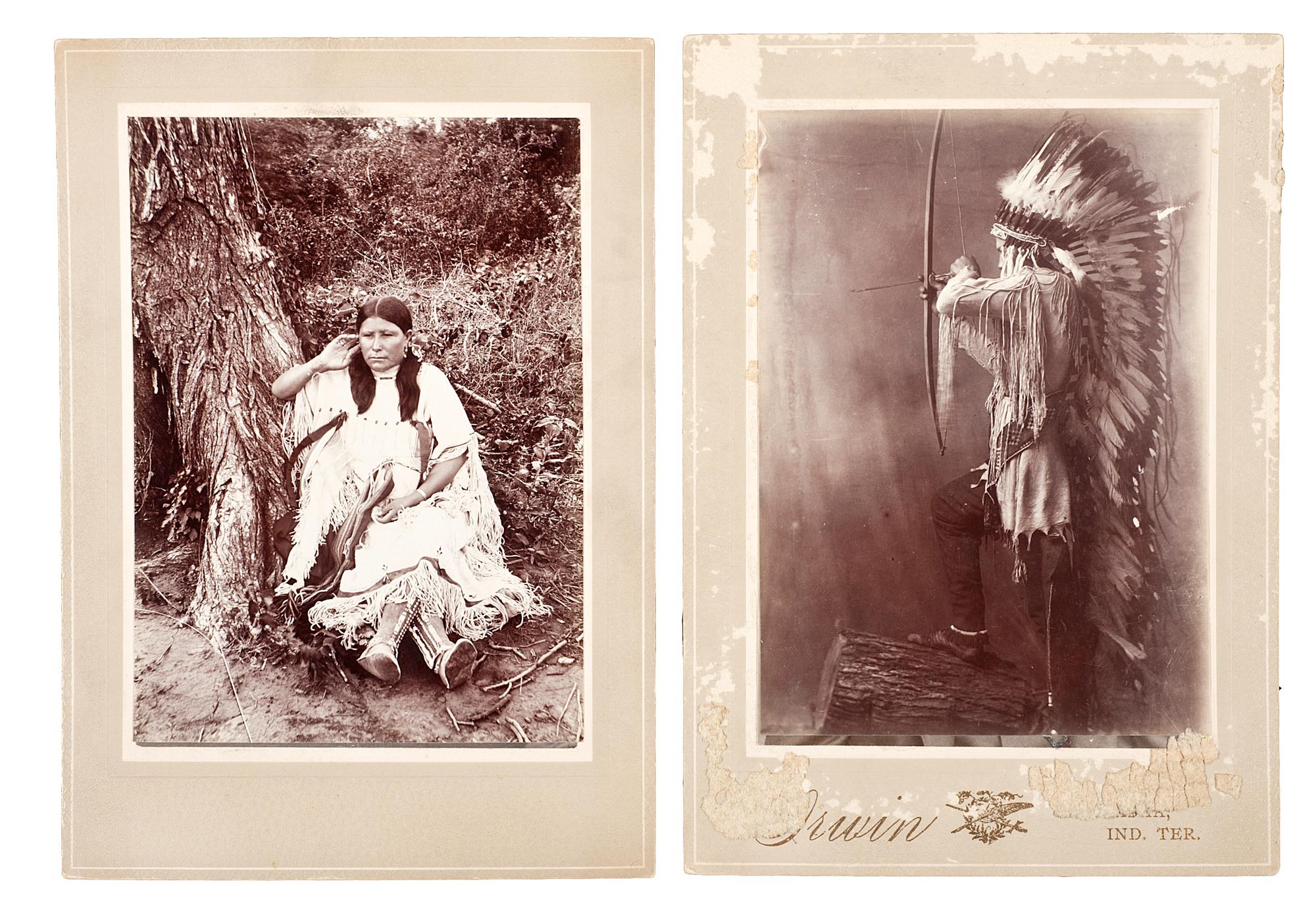 [NATIVE AMERICANS]. IRWIN, photographer. A group of 2 cabinet photographs, incl. Lone Wolf and a Kiowa woman. Chickasha, Indian Territory.
