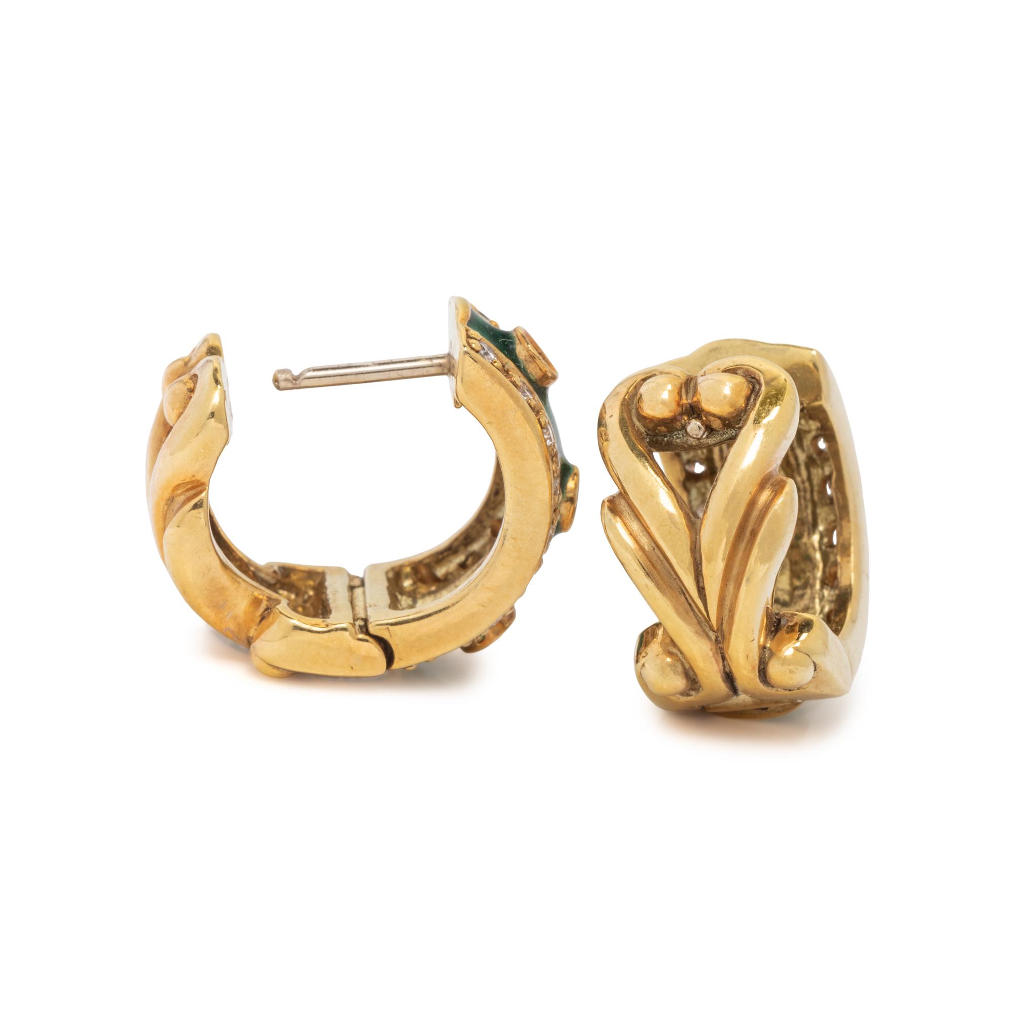 YELLOW GOLD, DIAMOND, AND ENAMEL HUGGIE EARRINGS