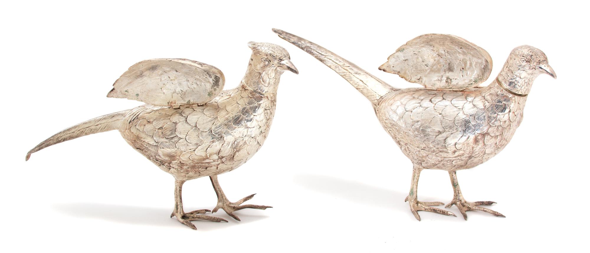 A Pair of German Silver Plate Models of Pheasants Height 8 x length 15 inches. — 20TH CENTURY