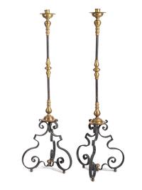 A Pair of Baroque Style Wrought Iron and Brass Pricket Stands