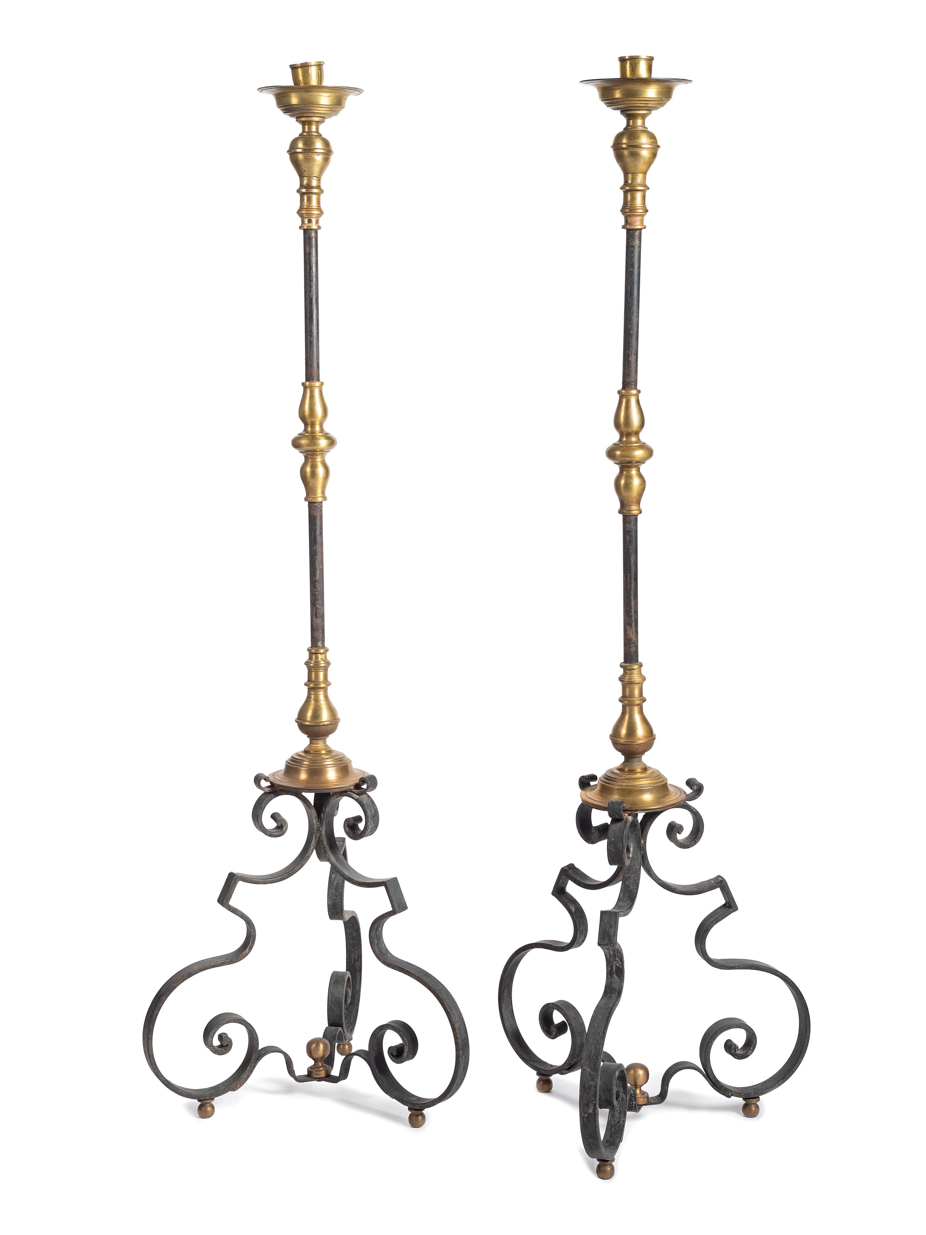 A Pair of Baroque Style Wrought Iron and Brass Pricket Stands