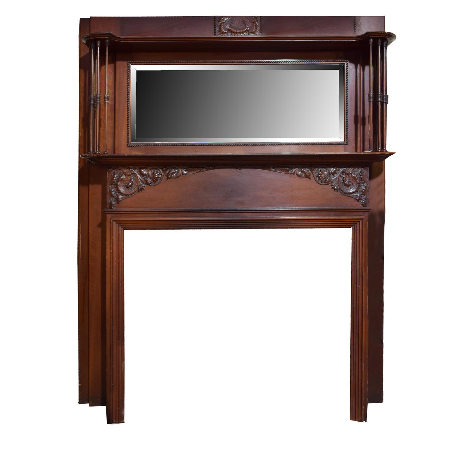 A Mahogany Full Mantel with Spindles and Beveled Mirror 62" W x 12" D x 77" H — United States, Circa 1880