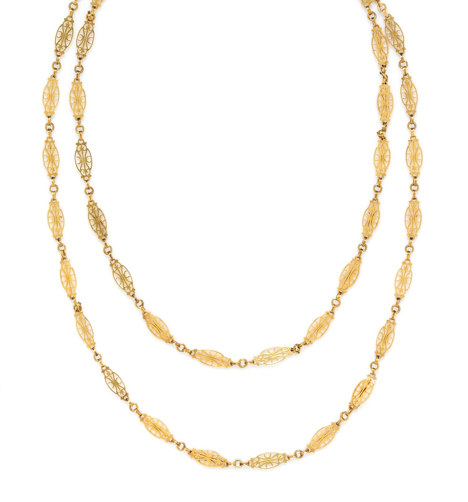 A Yellow Gold Fancy Link Longchain Necklace, 11.20 dwts.