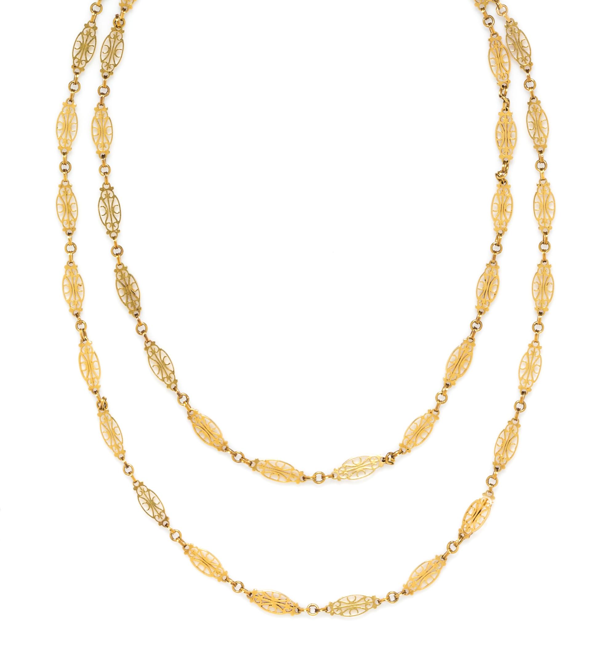 A Yellow Gold Fancy Link Longchain Necklace, 11.20 dwts.