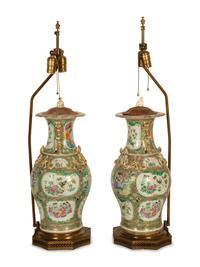 A Pair of Chinese Rose Medallion Porcelain Vases Mounted on Brass Lamp Stands
