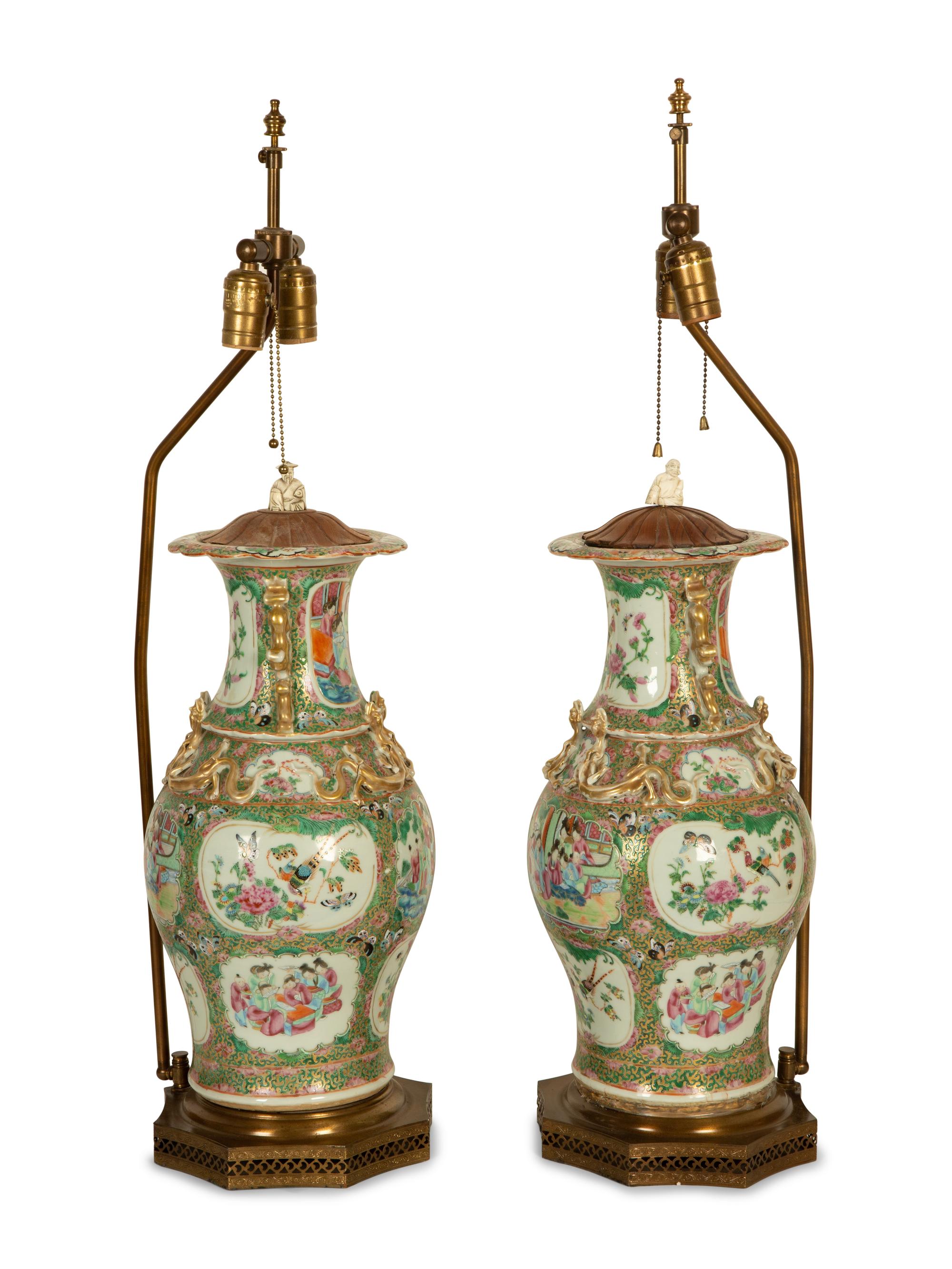 A Pair of Chinese Rose Medallion Porcelain Vases Mounted on Brass Lamp Stands