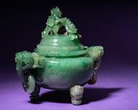 A Semi-Translucent Apple Green Jadeite Tripod Censer and Cover