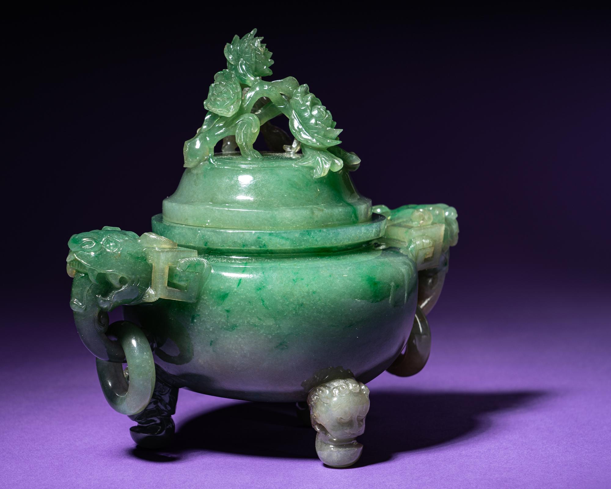 A Semi-Translucent Apple Green Jadeite Tripod Censer and Cover