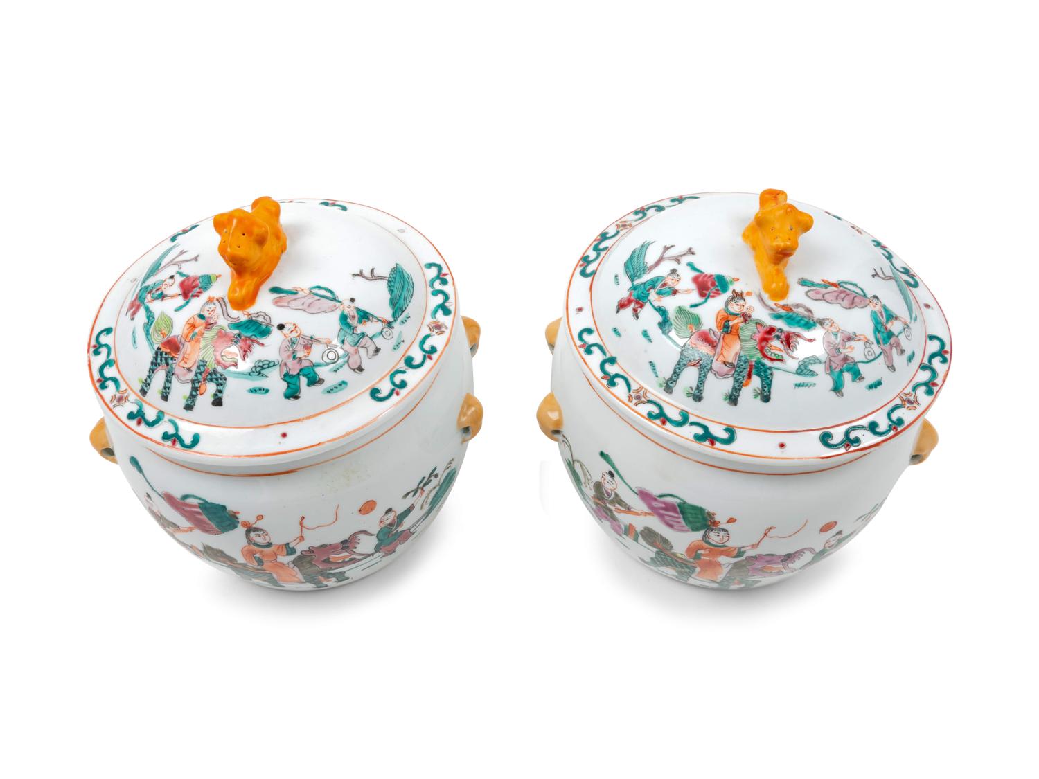 A Pair of Chinese Export Porcelain Covered Vessels