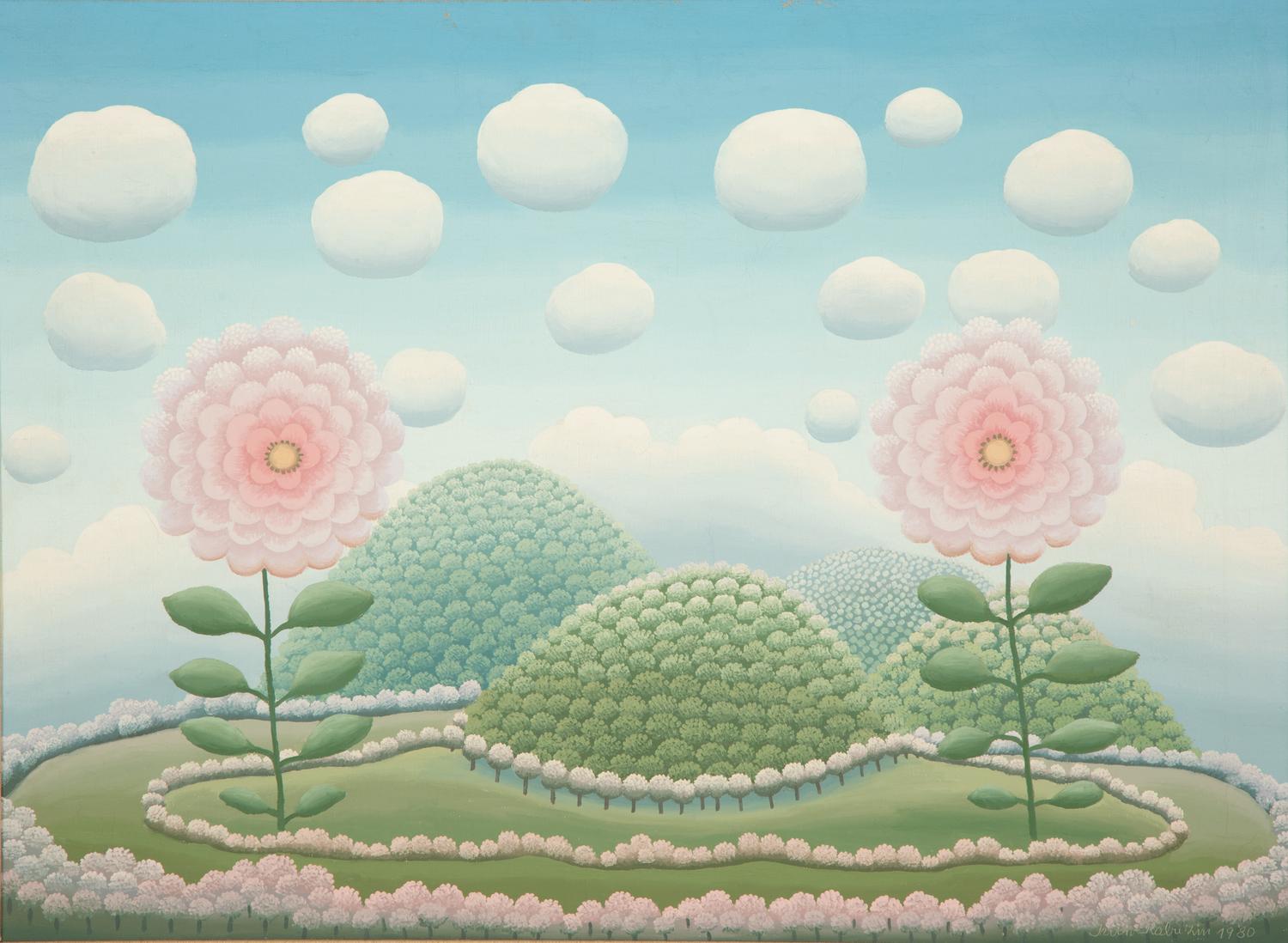 Two Pink Flowers in a Landscape , 1980