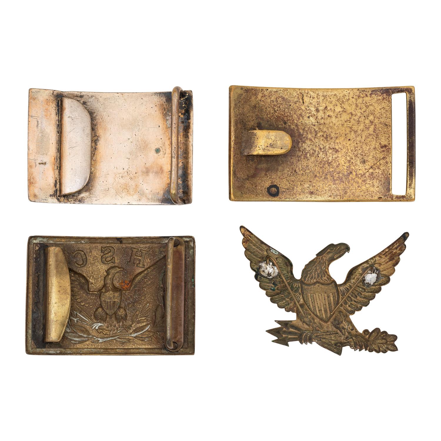 Lot of 4 Belt Plates Including: US M1874 Sword Belt Plate, US M1851 Post-1872 Eagle Belt Plate, Stamped Brass Eagle HSC Belt Plate & Brass Eagle Hat Device