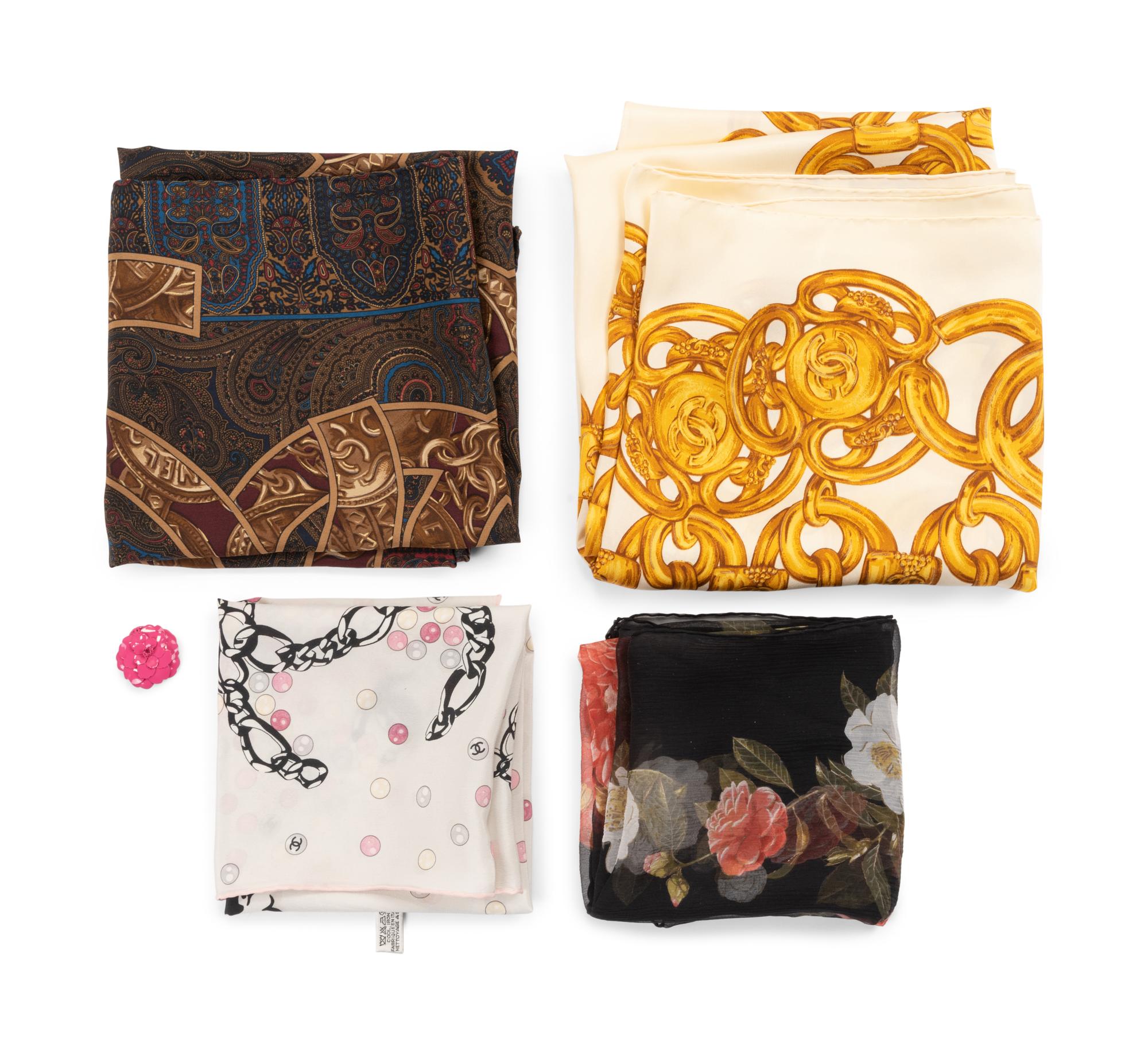 Five Chanel Items: Four Scarves and One Brooch, 1980-2000s