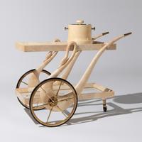 Goatskin veneered Swan bar cart and ice bucket, c. 1958