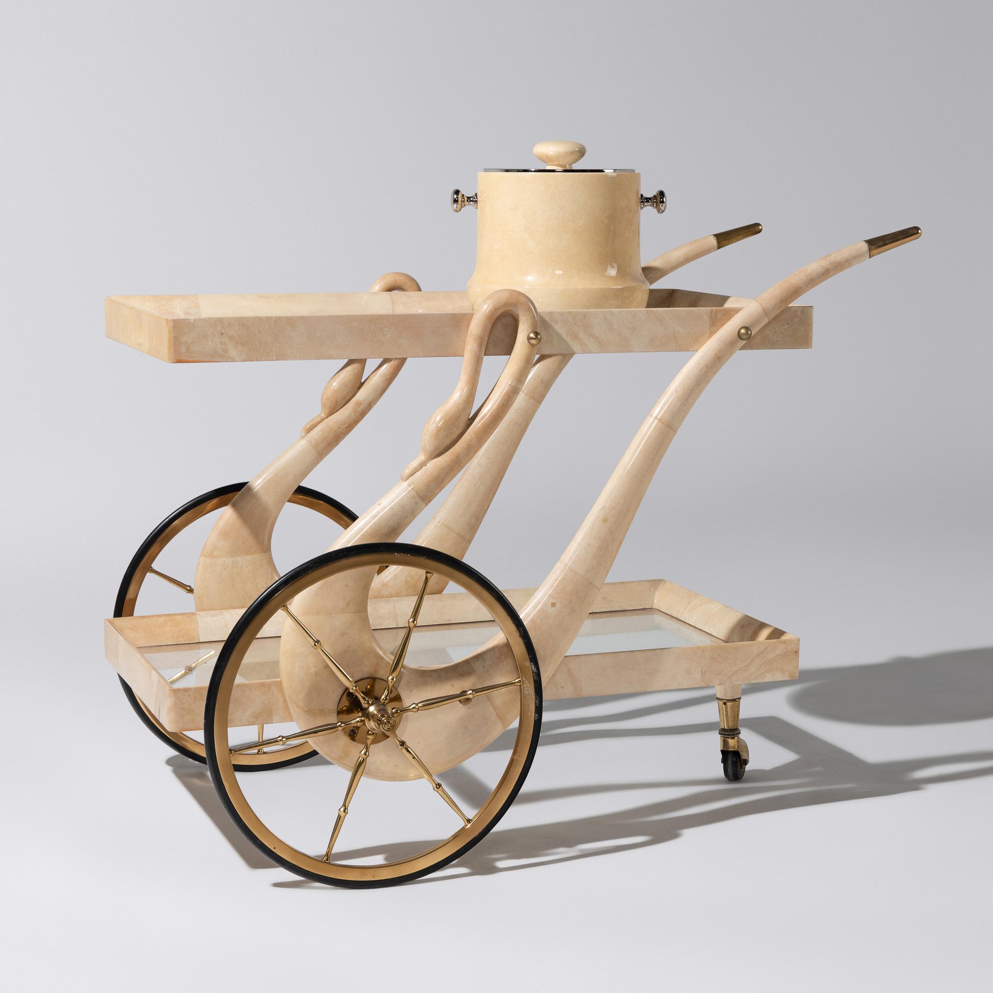 Goatskin veneered Swan bar cart and ice bucket, c. 1958