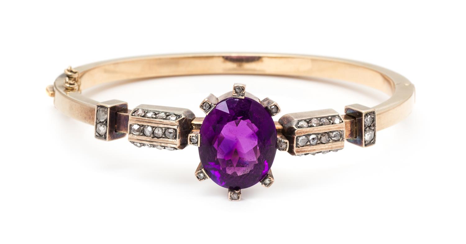 A Rose Gold, Silver, Amethyst and Diamond Bangle Bracelet, Russian, Circa 1900, 12.30 dwts.
