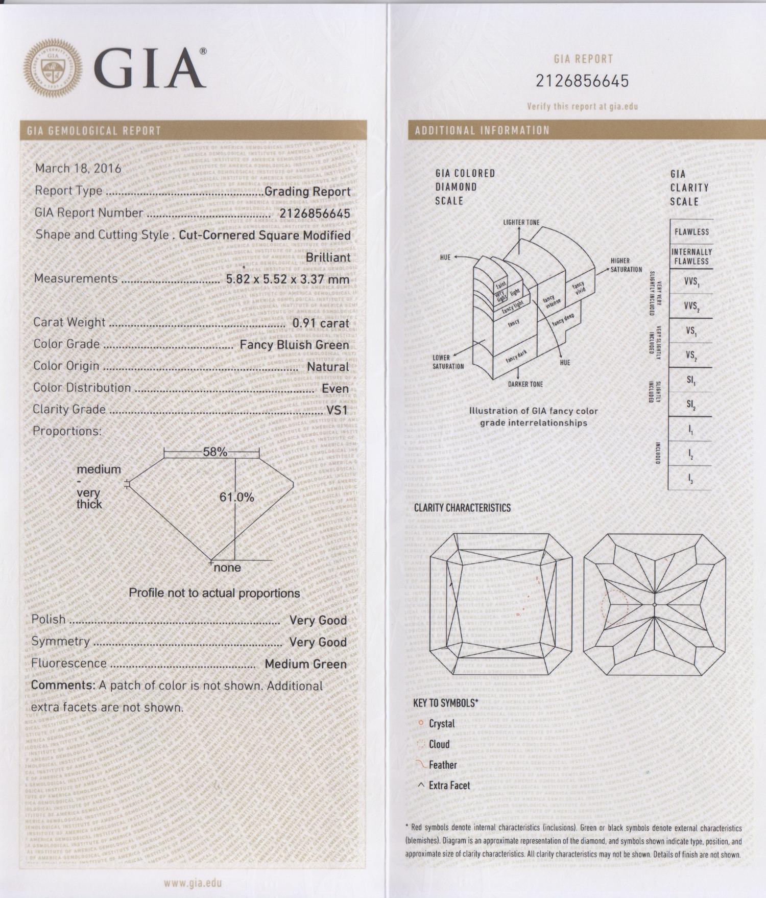 A 0.91 Carat Radiant Cut Fancy Bluish Green Diamond,