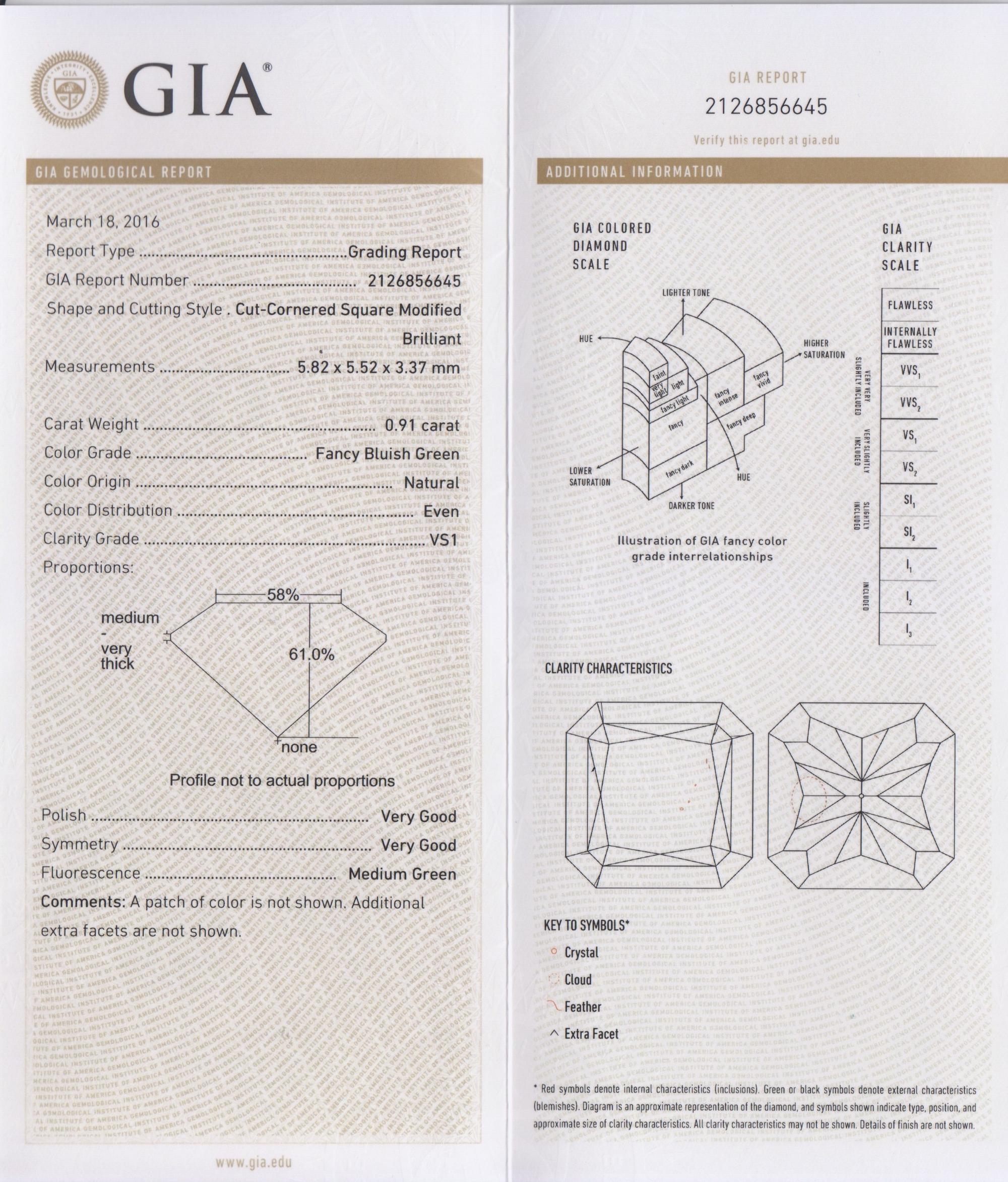 A 0.91 Carat Radiant Cut Fancy Bluish Green Diamond,