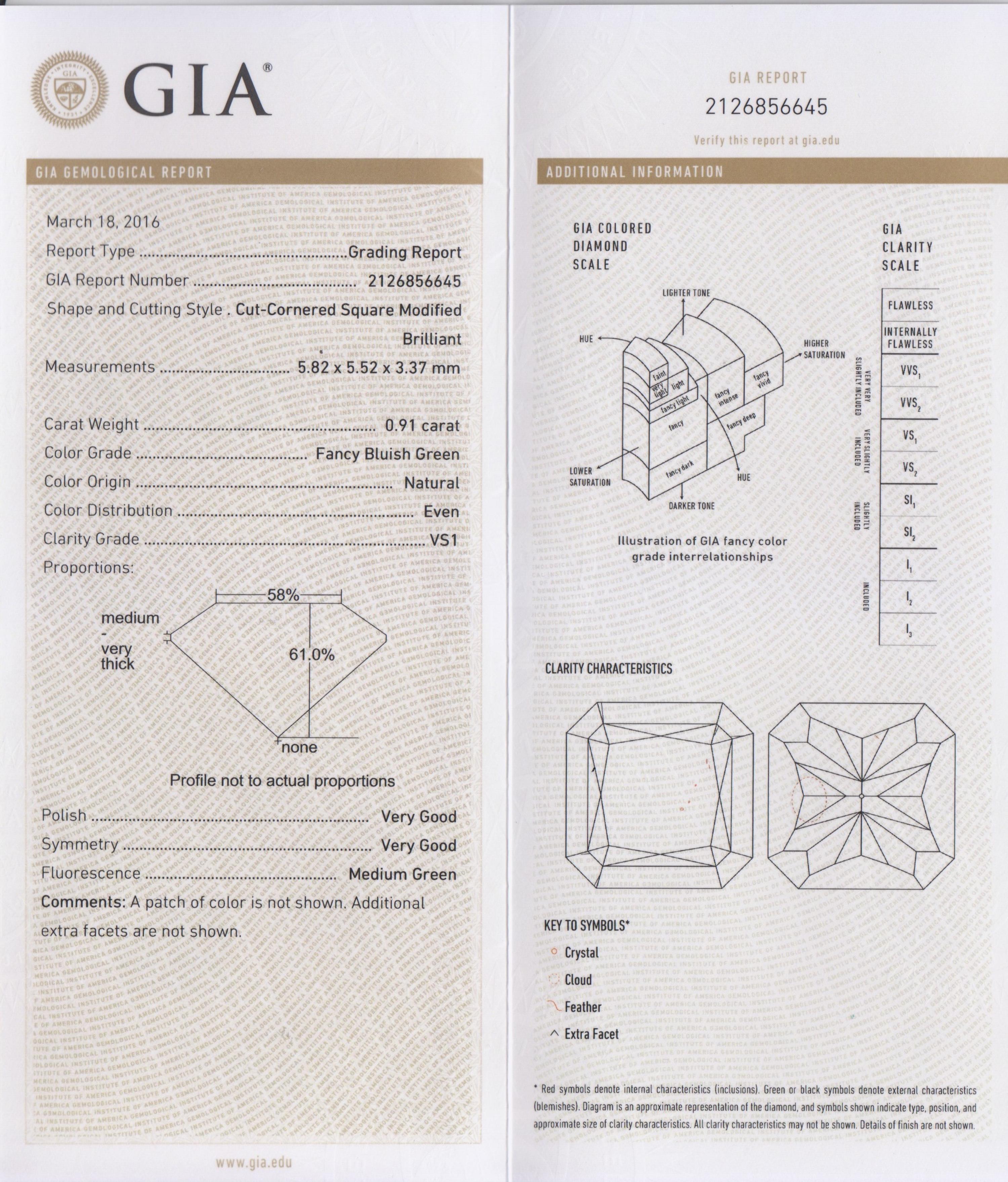 A 0.91 Carat Radiant Cut Fancy Bluish Green Diamond,