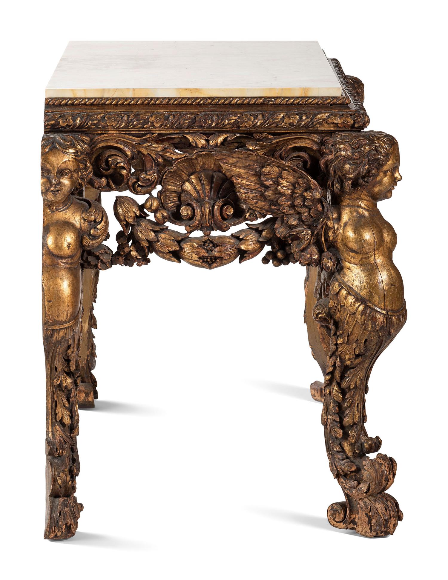 An Italian Baroque Style Carved Giltwood Marble-Top Console Table