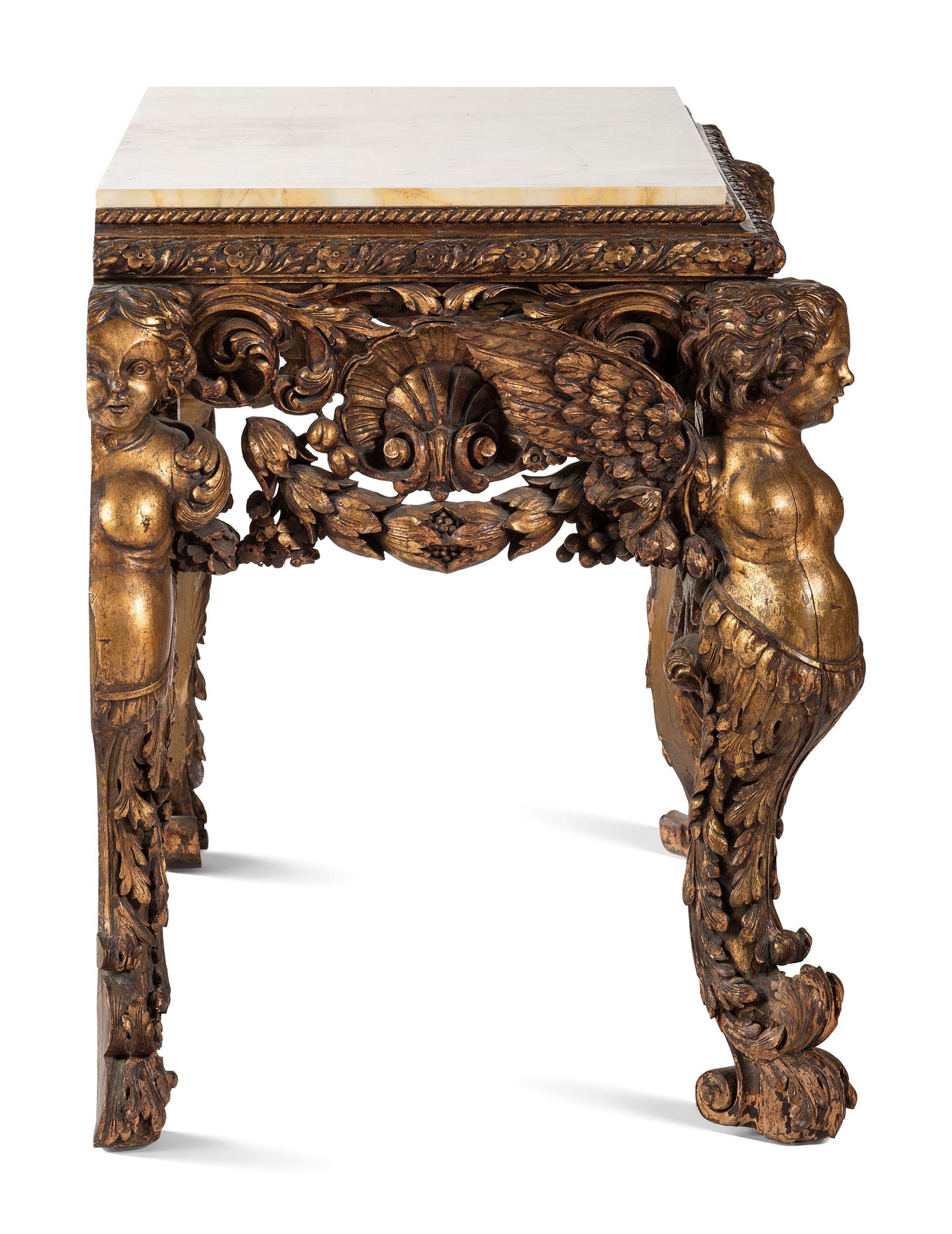 An Italian Baroque Style Carved Giltwood Marble-Top Console Table